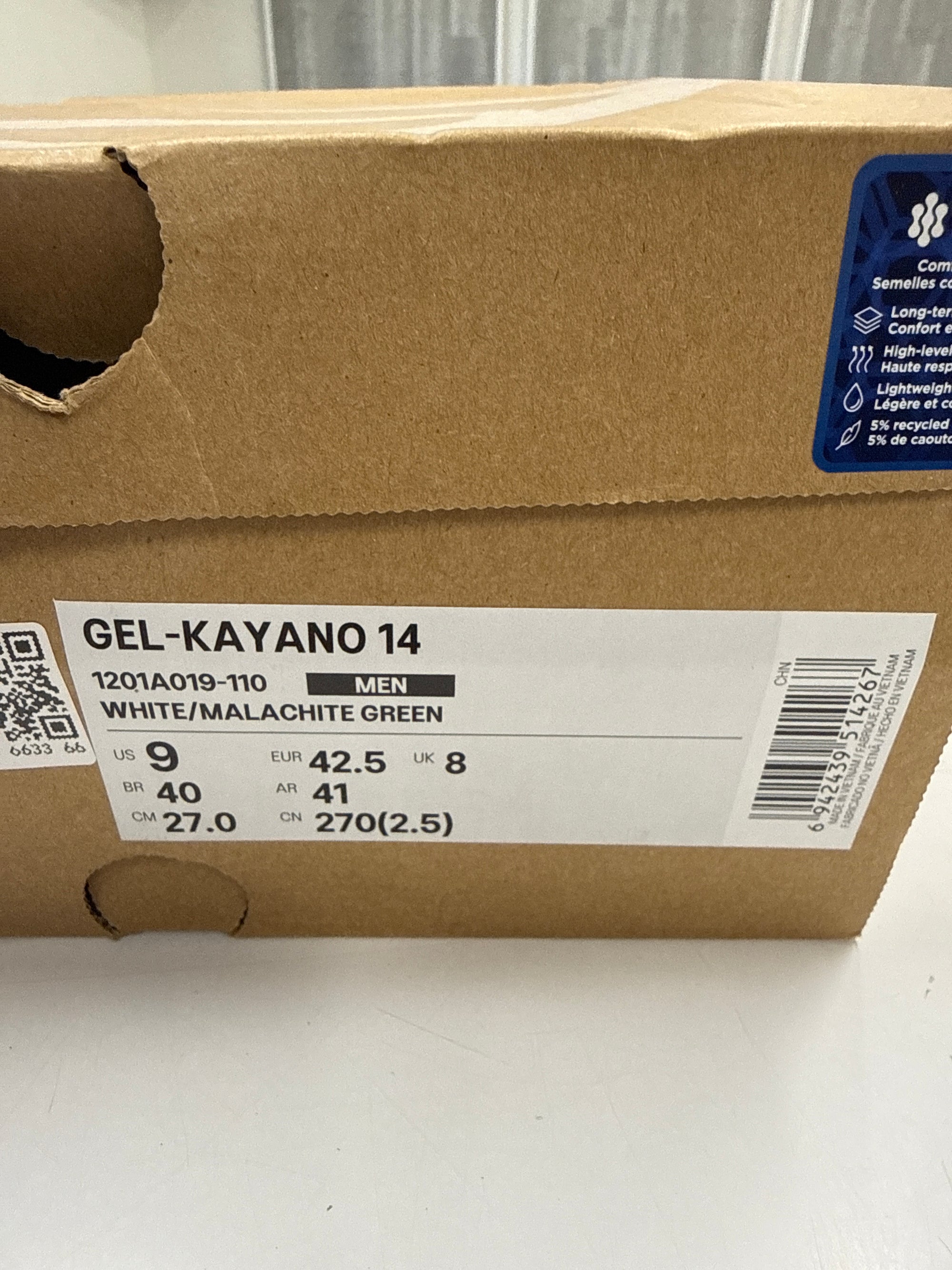 ASICS GEL-KAYANO 14 WHITE MALACHITE GREEN - SIZE 9 (WORN)