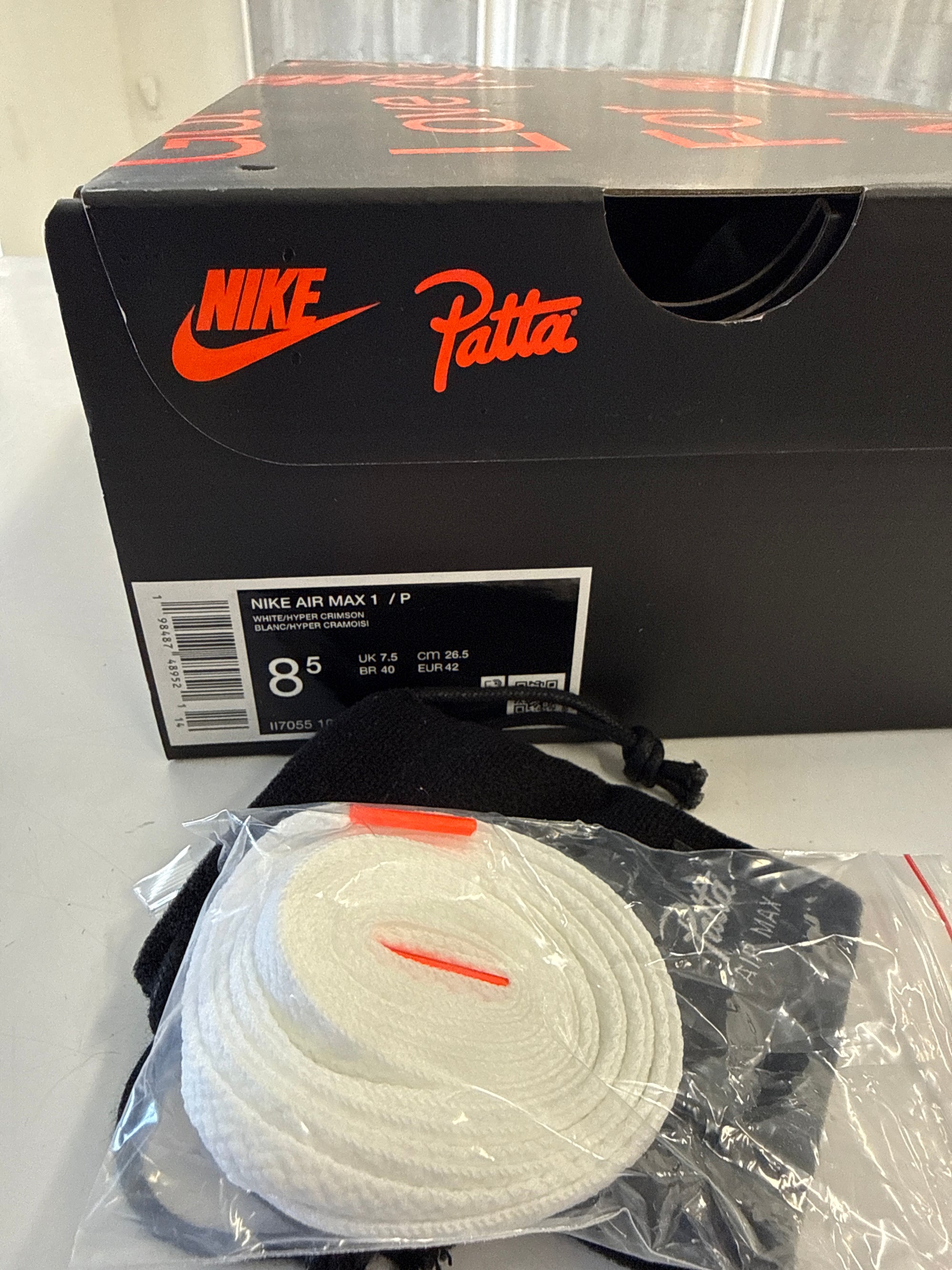 AIR MAX 1 PATTA WAVES WHITE HYPER CRIMSON - SIZE 8.5 (WORN) - SUPER CLEAN