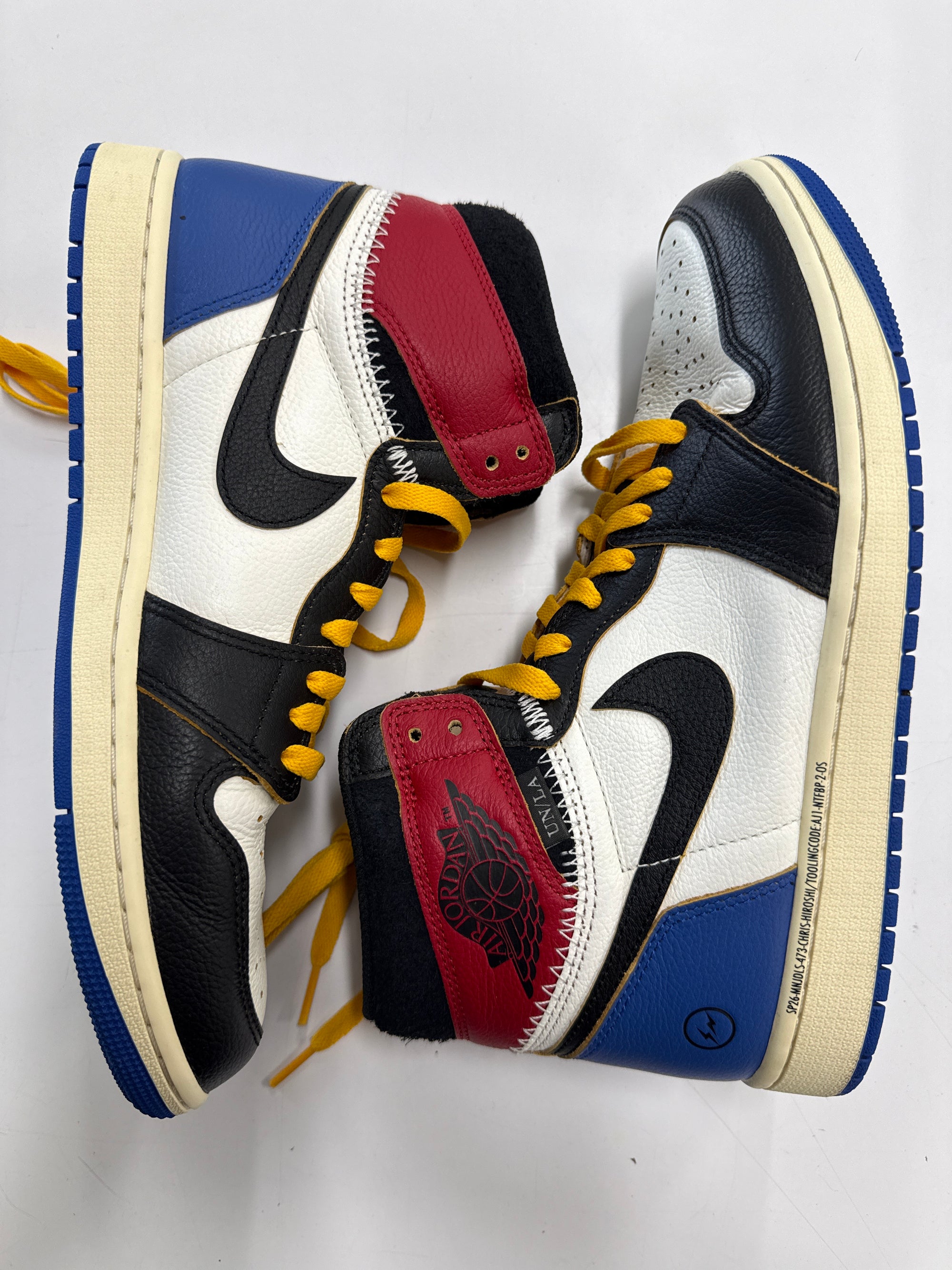 AIR JORDAN 1 HIGH OG FRAGMENT X UNION VARSITY RED SPORT ROYAL - SIZE 10.5 (WORN)
