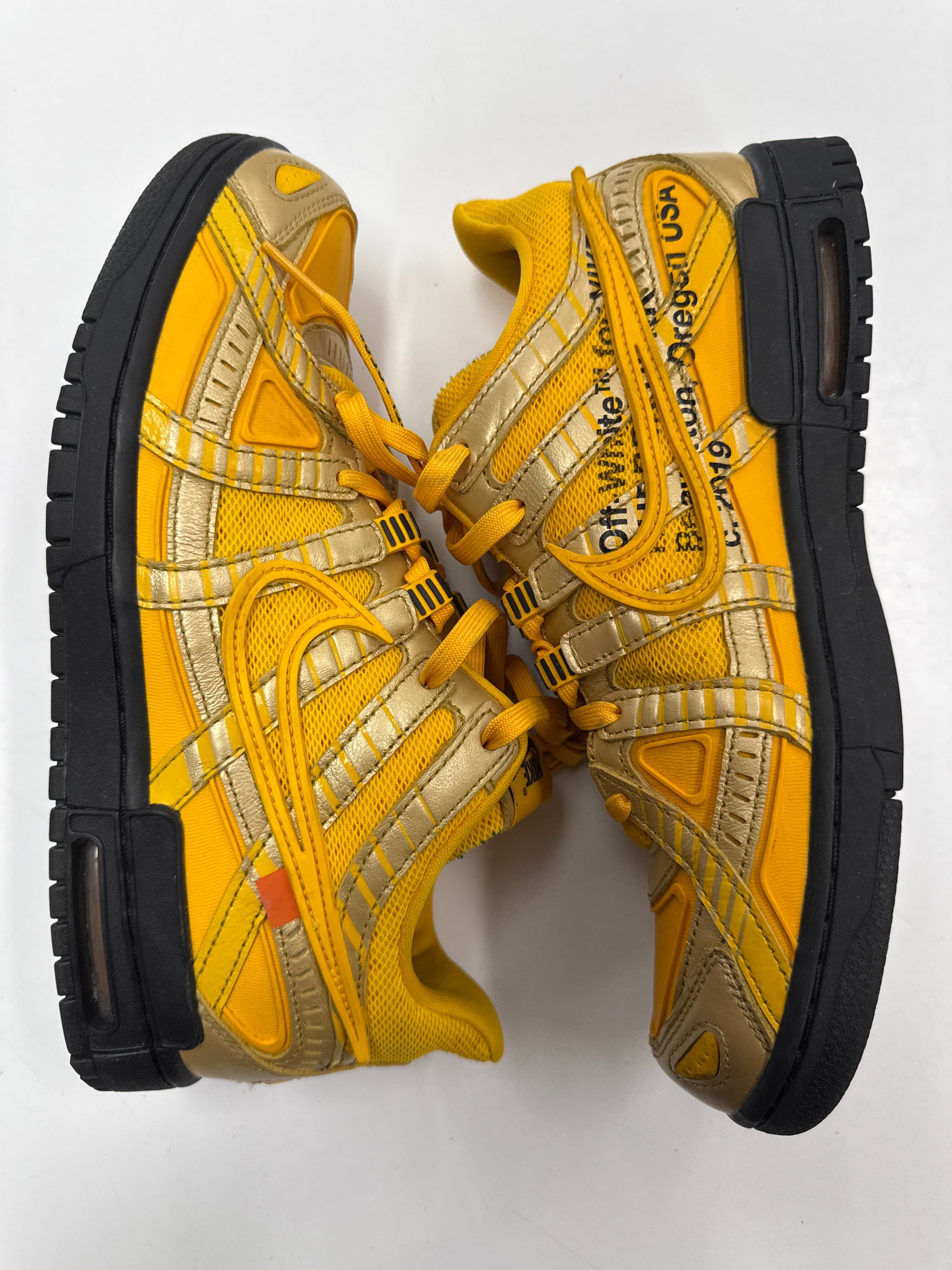 OFF WHITE AIR RUBBER DUNK UNIVERSITY GOLD - SIZE 9 (WORN)