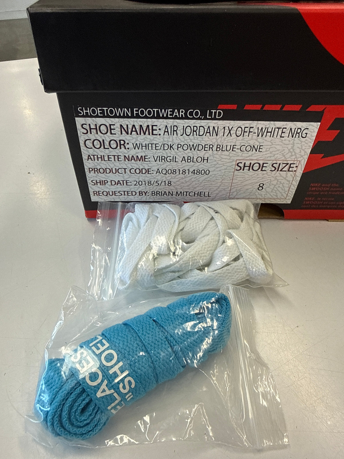 OFF WHITE AIR JORDAN 1 HIGH UNIVERSITY BLUE - SIZE 8 (WORN) - PROMO SAMPLE LABEL