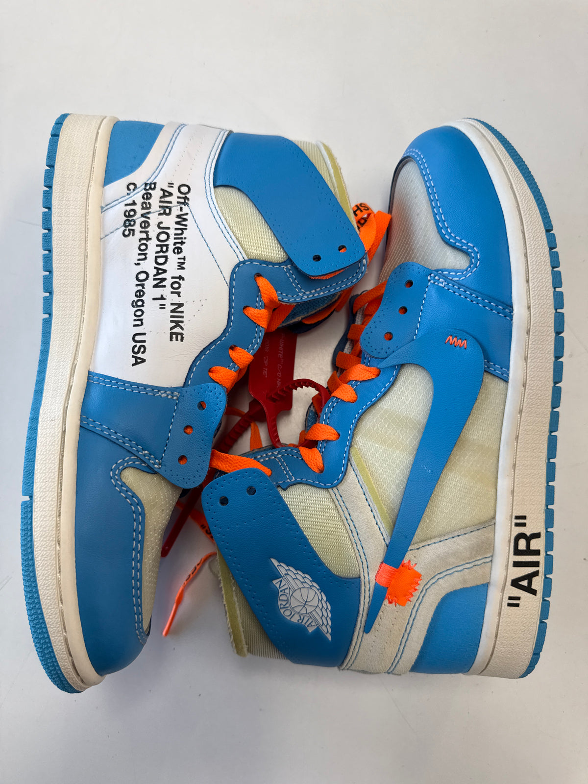 OFF WHITE AIR JORDAN 1 HIGH UNIVERSITY BLUE - SIZE 8 (WORN) - PROMO SAMPLE LABEL