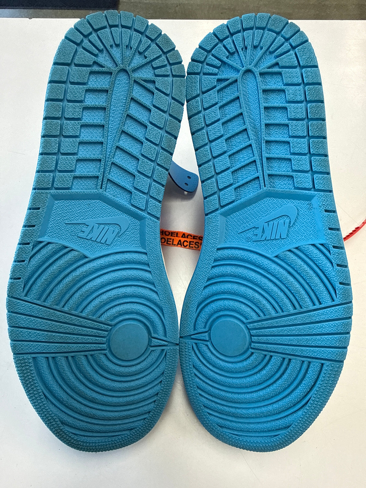 OFF WHITE AIR JORDAN 1 HIGH UNIVERSITY BLUE - SIZE 8 (WORN) - PROMO SAMPLE LABEL