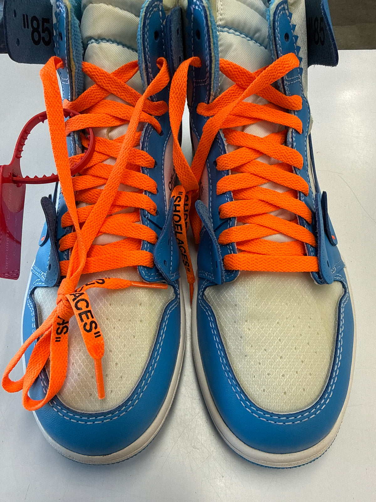 OFF WHITE AIR JORDAN 1 HIGH UNIVERSITY BLUE - SIZE 8 (WORN) - PROMO SAMPLE LABEL