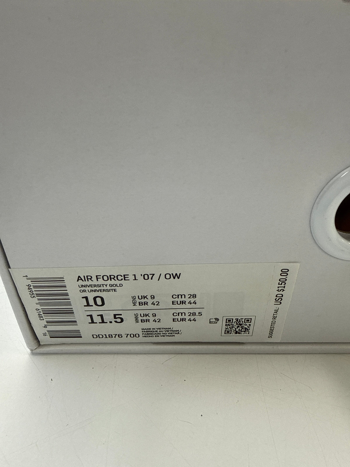 OFF WHITE AIR FORCE 1 LOW UNIVERSITY GOLD - SIZE 10 (WORN)