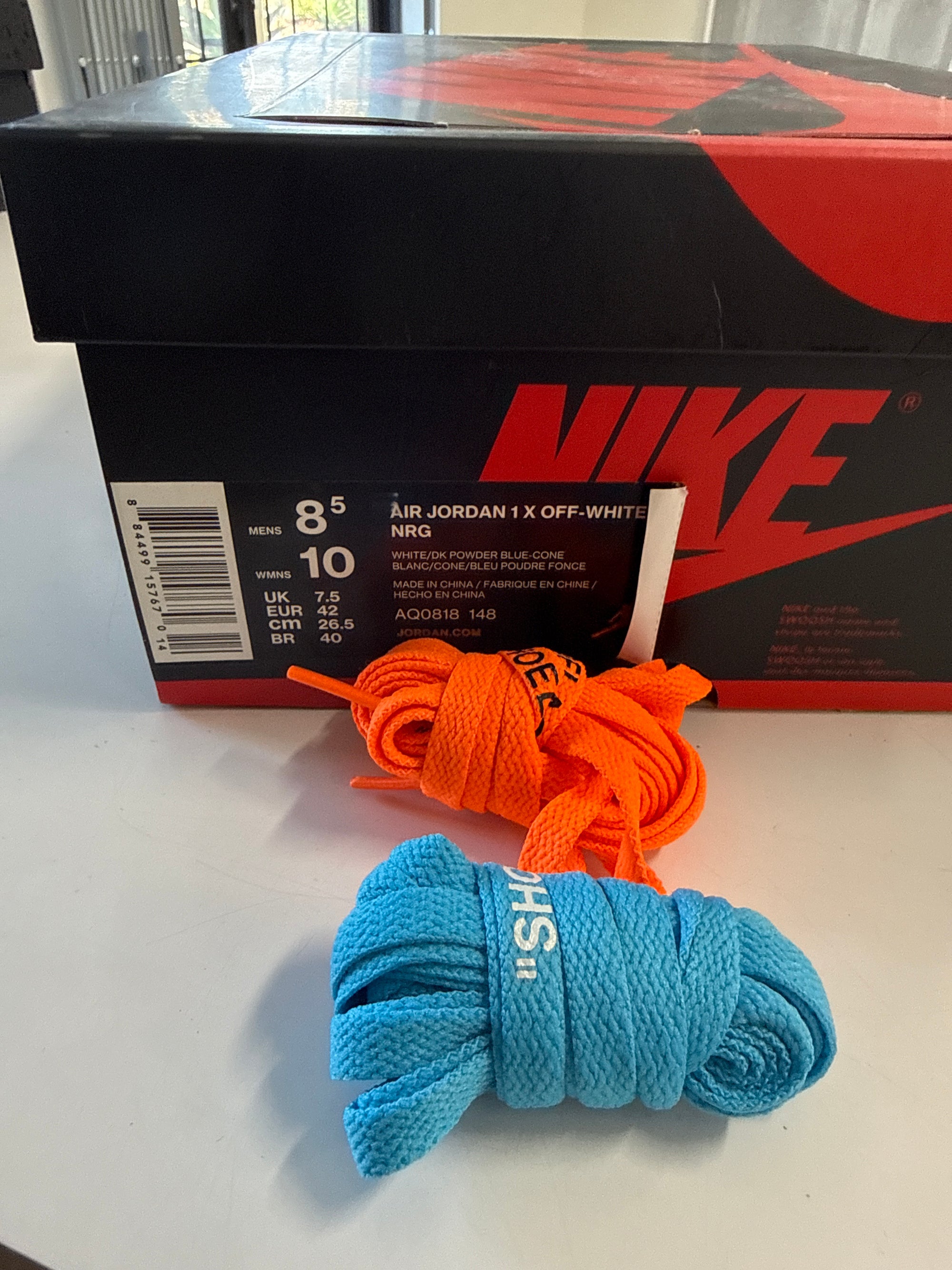 OFF WHITE AIR JORDAN 1 HIGH UNIVERSITY BLUE - SIZE 8.5 (WORN)