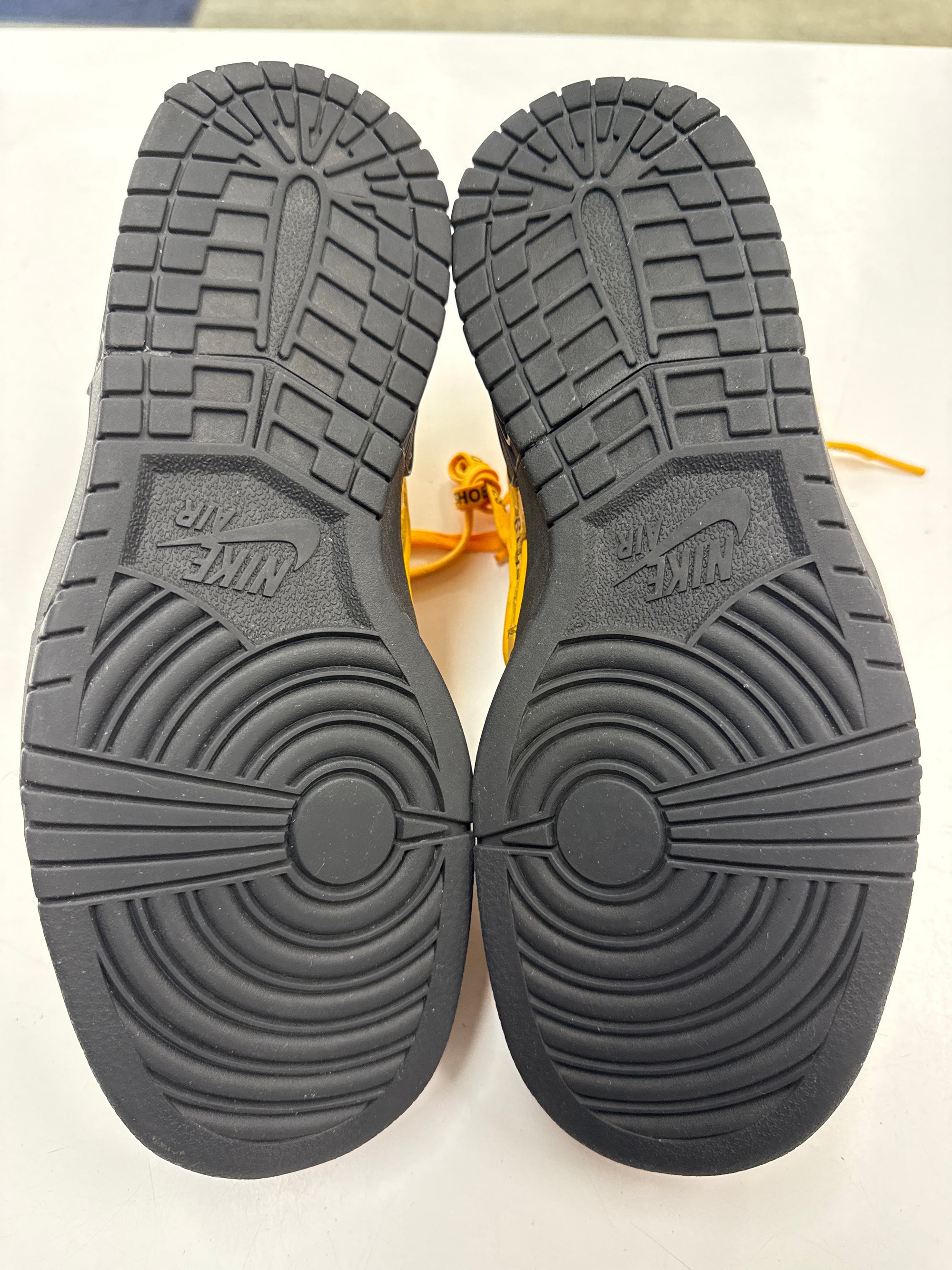 OFF WHITE AIR RUBBER DUNK UNIVERSITY GOLD - SIZE 9 (WORN)