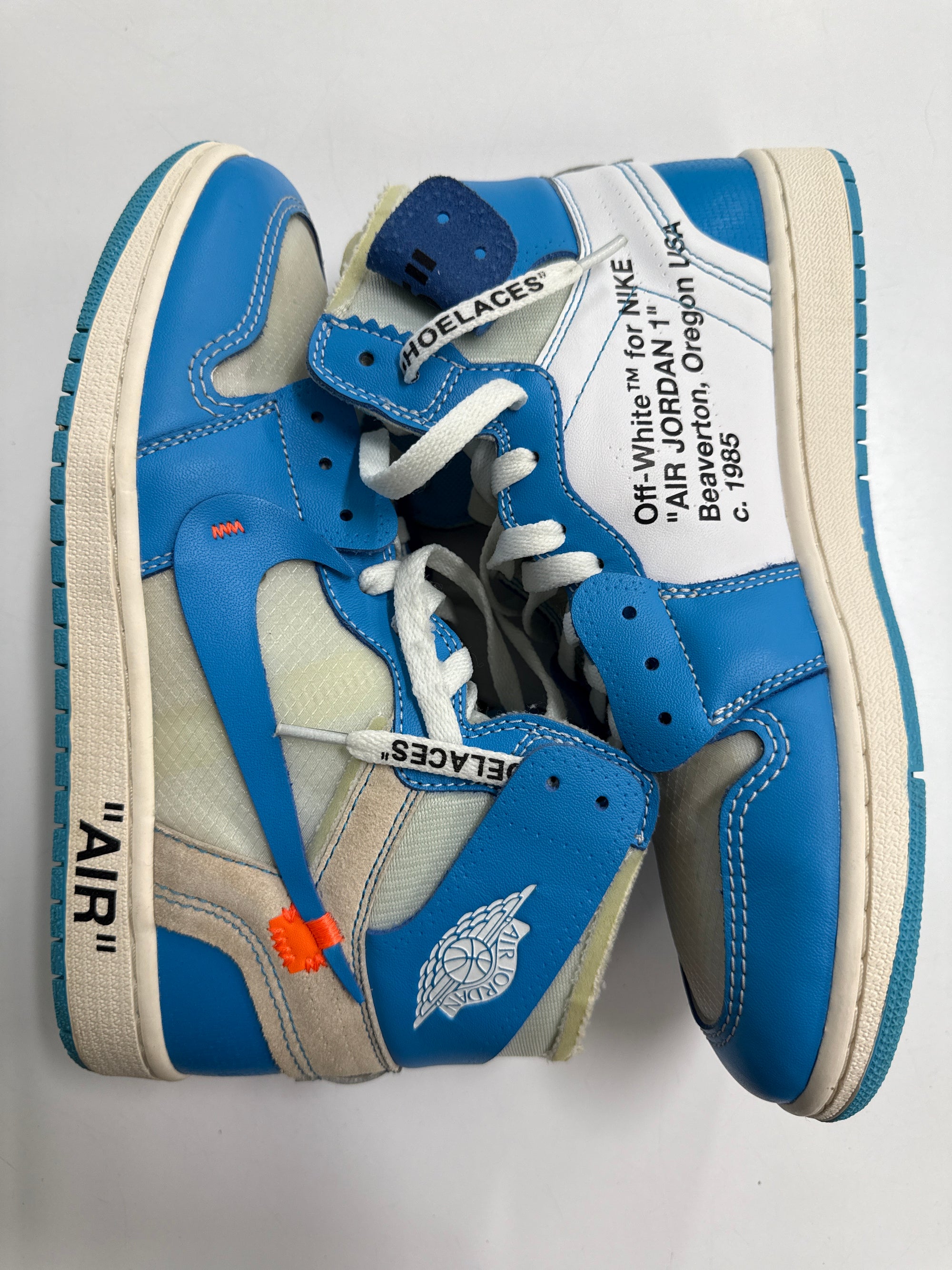 OFF WHITE AIR JORDAN 1 HIGH UNIVERSITY BLUE - SIZE 9.5 (WORN) - REPLACEMENT BOX