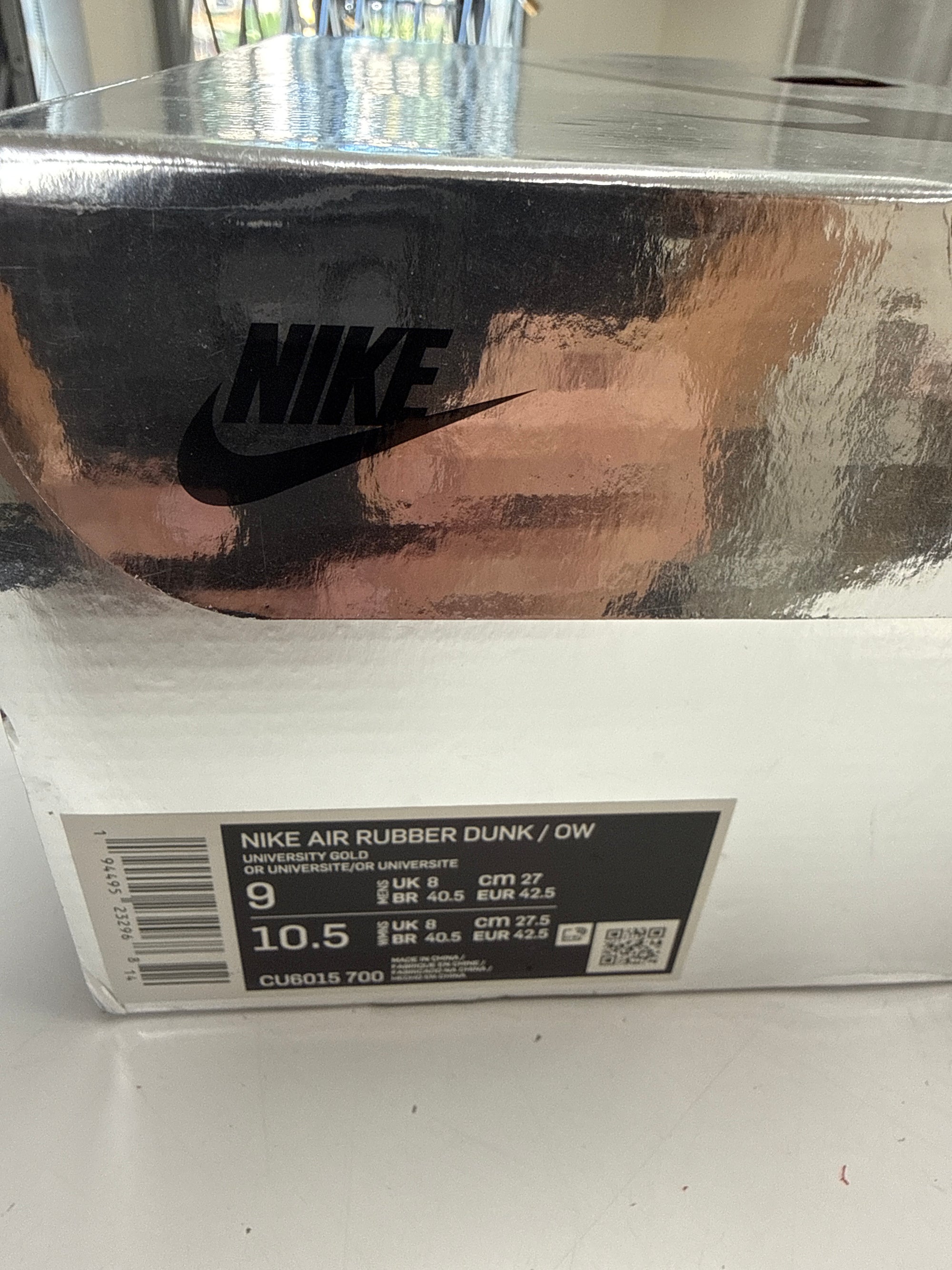 OFF WHITE AIR RUBBER DUNK UNIVERSITY GOLD - SIZE 9 (WORN)