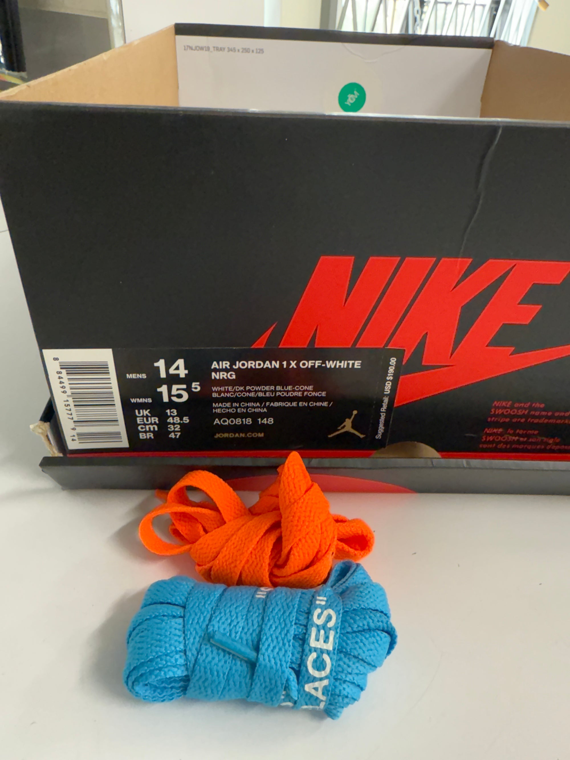 OFF WHITE AIR JORDAN 1 HIGH UNIVERSITY BLUE - SIZE 14 (WORN)
